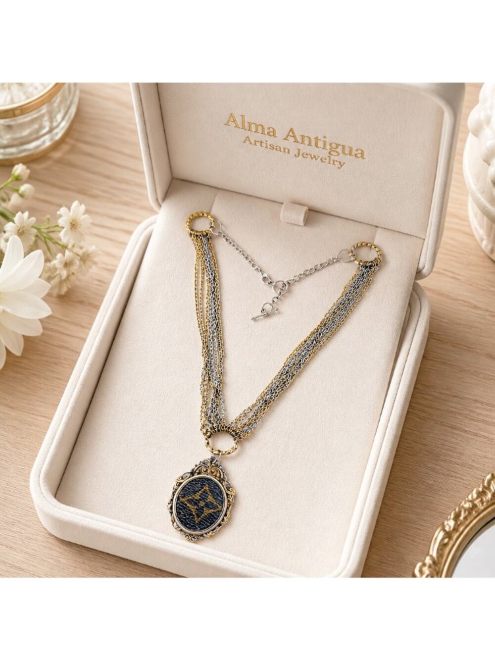 Vintage Luxury Canvas Pendant Necklace | Ornate Gold Frame | Layered Mixed Metal - Picture 3 of 10